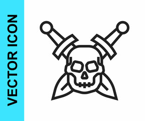 Black line Crossed medieval sword with skull icon isolated on white background. Medieval weapon. Vector