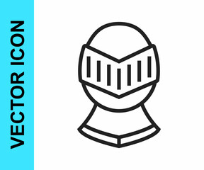 Black line Medieval iron helmet for head protection icon isolated on white background. Knight helmet. Vector