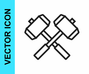 Black line Medieval crossed battle hammers icon isolated on white background. Vector