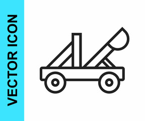 Black line Old medieval wooden catapult shooting stones icon isolated on white background. Vector