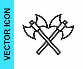 Black line Crossed medieval axes icon isolated on white background. Battle axe, executioner axe. Medieval weapon. Vector