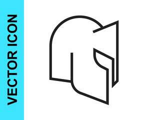 Black line Medieval iron helmet for head protection icon isolated on white background. Knight helmet. Vector