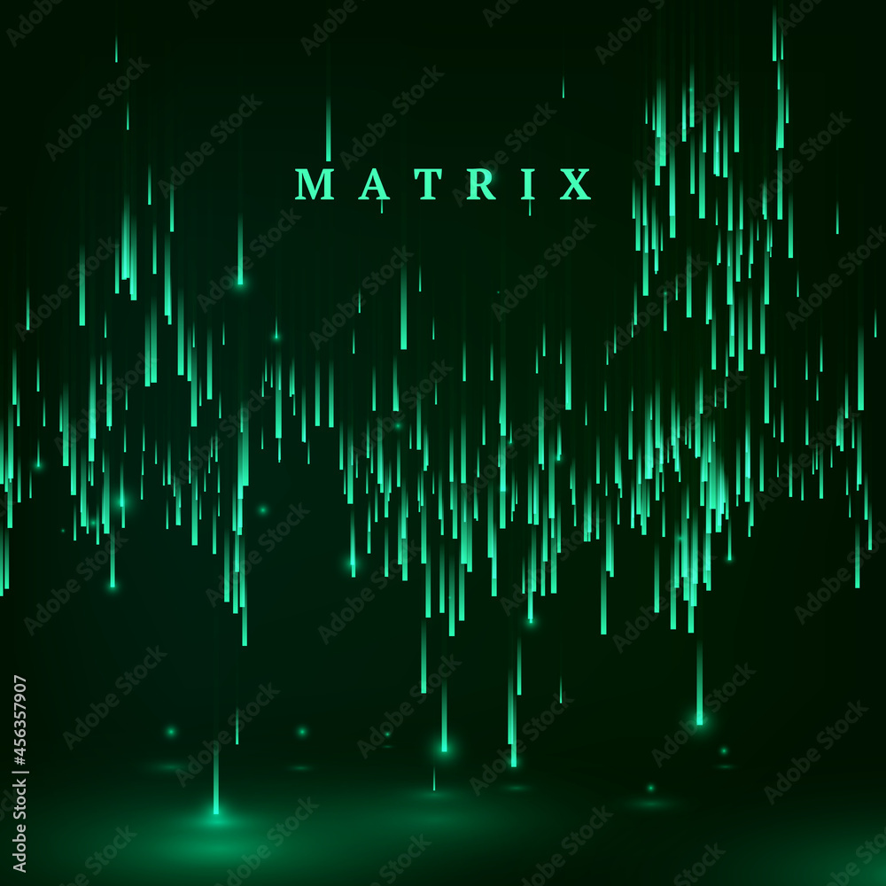 Poster Matrix. Green color background in a matrix style. Data stream. Falling random data block. Cyberspace or virtual reality visualisation. Vector