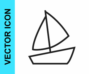 Black line Yacht sailboat or sailing ship icon isolated on white background. Sail boat marine cruise travel. Vector