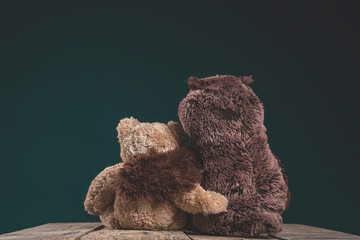 best friends concept. teddy bears are sitting in an embrace