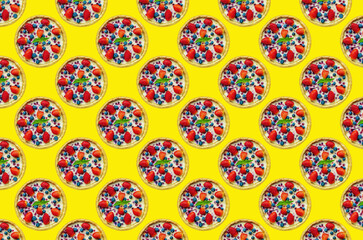 strawberry cheesecake multiplied in large quantities on colored background