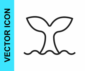 Black line Whale tail in ocean wave icon isolated on white background. Vector