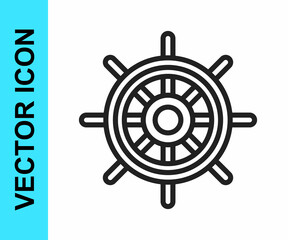 Obraz premium Black line Ship steering wheel icon isolated on white background. Vector