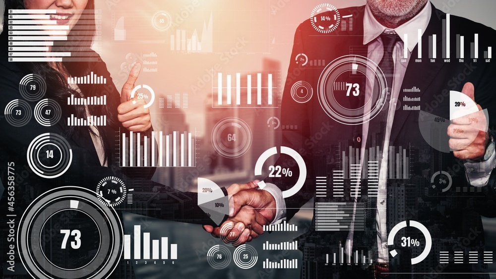 Poster conceptual business handshake with dashboard for financial data analysis . 3d render computer graphi