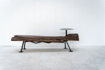 Modern timber wooden benches black metal frame for decoration architecture furniture home and living with white wall background.