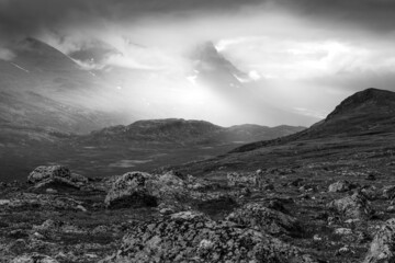 Extremely bad weather with low clouds and rain in remote, harsh arctic landscape. Rapadalen valley...