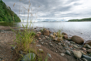 View of Baltic sea and gulf of Bothnia from a small beach in Skuleskogen national park, Sweden. Hiking along the High Coast trail, Hoha Kustenleden.