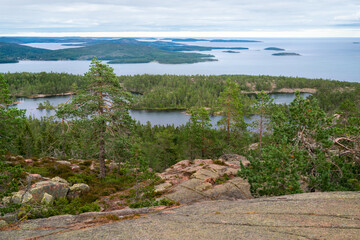 View of Baltic sea and gulf of Bothnia from the top of the rock in Skuleskogen national park, Sweden. Hiking along the High Coast trail, Hoha Kustenleden.