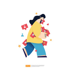 woman character grabbing like, heart, and share notifications. concept of addicted to social media and online feedback