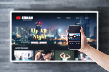 Movie stream with tv and phone. Watching on demand (VOD) series mockup with smart television and...
