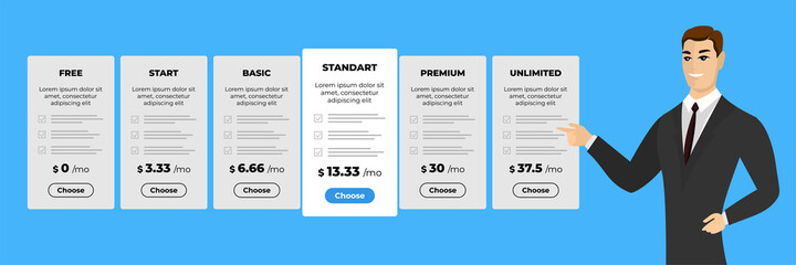 Pricing panels choice service or subscription plan. Businessman standing near different types of payment UI UX interface. Vector eps illustration template for web design and business