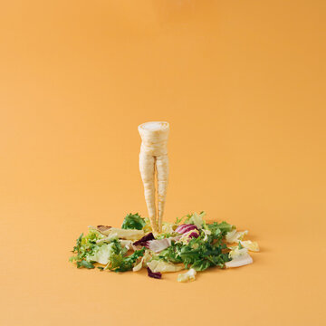 Parsley root like a woman's legs standing on mixed salad on yellow background. Minimal food arrangement.