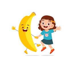 cute little girl stands with banana character