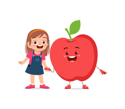 cute little girl stands with apple character