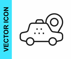Black line Map pointer with taxi car icon isolated on white background. Location symbol. Vector