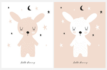 Sweet Dreams. Abstract Scandinavian Style Vector Nursery Art ideal for Card, Wall Art,Kids Room Decoration.Cute Hand Drawn Baby Bunny,Stars and Moon on a White and Blush Background.Funny Easter Print.