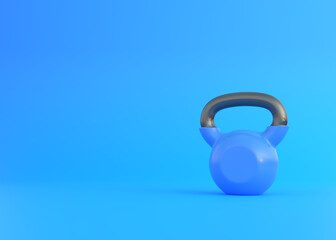Naklejka na ściany i meble Blue kettlebell on blue background. Fitness, sport training and lifting concept. Gym equipment. Workout tools. 3d rendering illustration