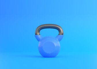 Naklejka na ściany i meble Blue kettlebell on blue background. Fitness, sport training and lifting concept. Gym equipment. Workout tools. Front view. 3d render illustration