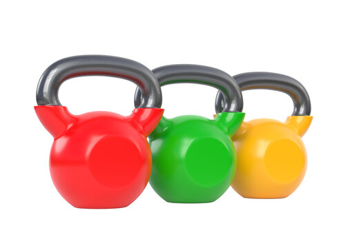 Colorful kettlebells set isolated on white background standing close to each other. Fitness, sport training and lifting concept. Gym equipment. Workout tools. 3d rendering illustration