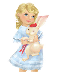 A girl with blond hair in a blue dress hugs a hare in a red beret tightly.