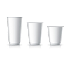 Blank white paper-plastic coffee-tea cup in large-medium-small size mockup template.
