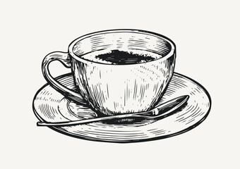 Cafe coffee cup in engraved style. Hand drawn sketch vintage vector illustration