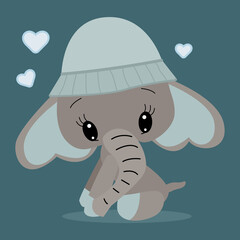 A cute gray elephant is sitting in a panama hat with hearts