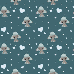 Seamless pattern Cute gray baby elephant sitting in a panama hat with hearts