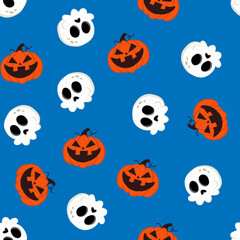 Obraz premium Cute skull and pumpkin with carving face vector halloween seamless pattern on a blue background