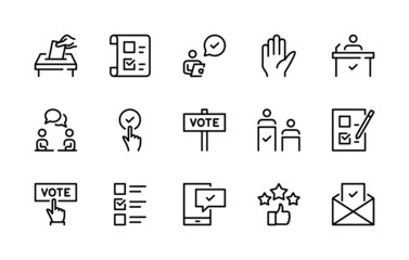 Voting vector line icons. Isolated icons collection election of candidates on white background. Vote symbol vector set.