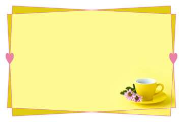 ピンクの小菊とコーヒーのハート・フレーム（黄色の背景）