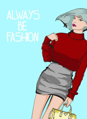 Young beautiful woman in stylish clothes. Sale concept. Hand-drawn fashion illustration