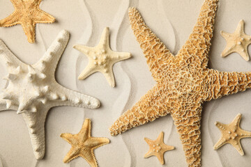 Beautiful sea stars on sand, flat lay