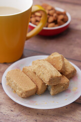 Close up of cookies and tea on table 