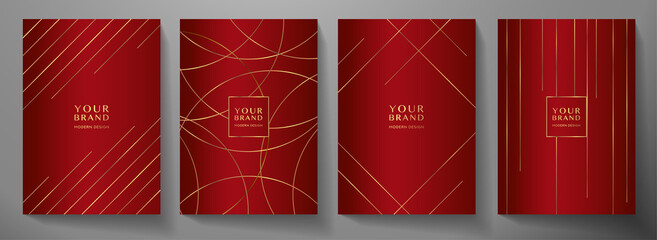 Contemporary red cover design set. Luxury dynamic gold circle, line pattern. Creative premium stripe vector background for brochure template, notebook, invite,  Christmas card