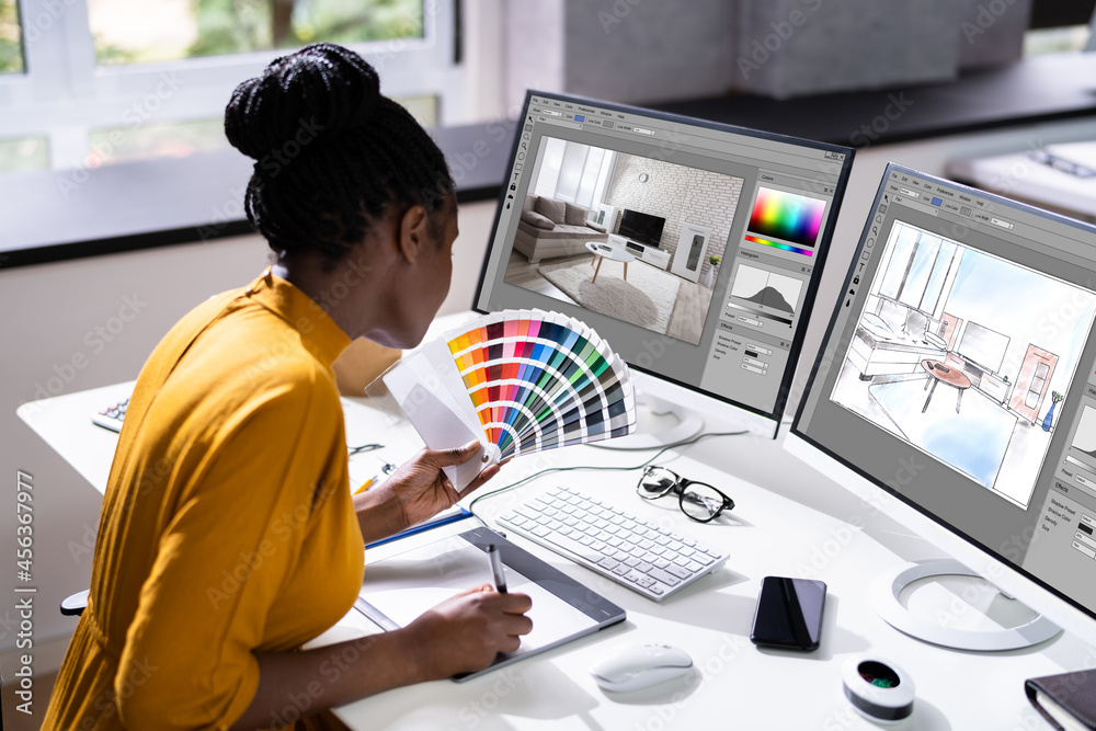 Aufkleber house designer using office computer