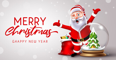 Christmas santa greeting vector concept design. Merry Christmas text with santa claus character in cheerful and standing pose with crystal glass ball for xmas celebration. Vector illustration.
