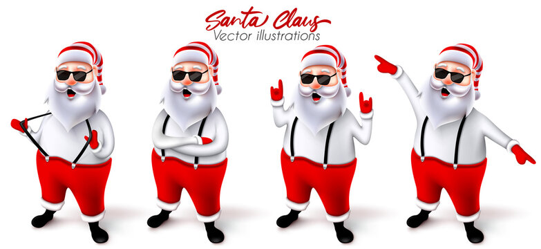 Santa claus christmas character vector set. Santa claus 3d characters in cool and jolly pose with rock n roll and dancing gestures for cute xmas collection design. Vector illustration.
