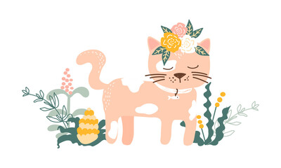 Beatiful ginger spotted cat. Kitty in a flower wreath next to plants and branches. Cute pets. Vector illustration. Baby print