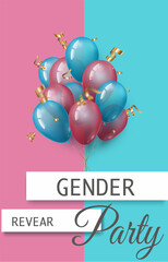 Template for a flyer with an invitation to the Gender reveal party.Pink and blue balloons with a golden spiral as a question symbol:Who will be born,girl or a boy.Vector realistic illustration.Concept