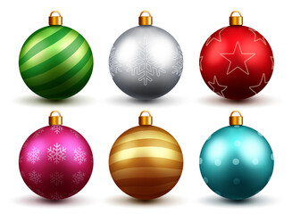 Christmas balls vector set design. Colorful 3d realistic christmas ball with xmas print and patterns isolated in white background for holiday ornament decoration. Vector illustration.
 - obrazy, fototapety, plakaty