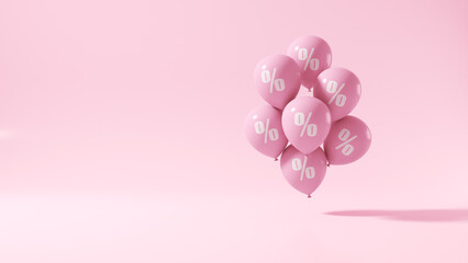 Pink balloons with the image of percent on a pink background. 3d render illustration. Illustration for business ideas.