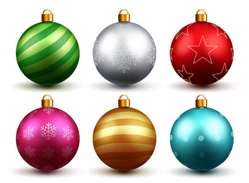Christmas balls vector set design. Colorful 3d realistic christmas ball with xmas print and patterns isolated in white background for holiday ornament decoration. Vector illustration.
