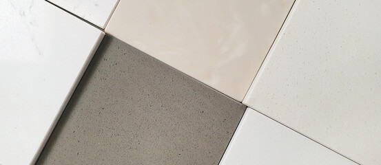 close up artificial stone samples in white, brown, beige colors tone for counter top, table top,...