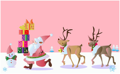 プレゼントを運ぶサンタクロースとトナカイ